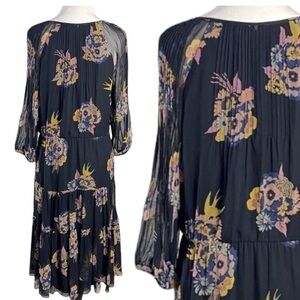 TIBI New York 100% Silk Lined Floral Bird Beetle Butterfly Midi Dress Size 2